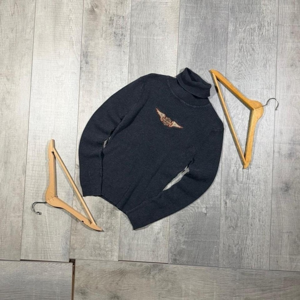 2000s black Harley Davidson striped orange and black turtle neck sweater